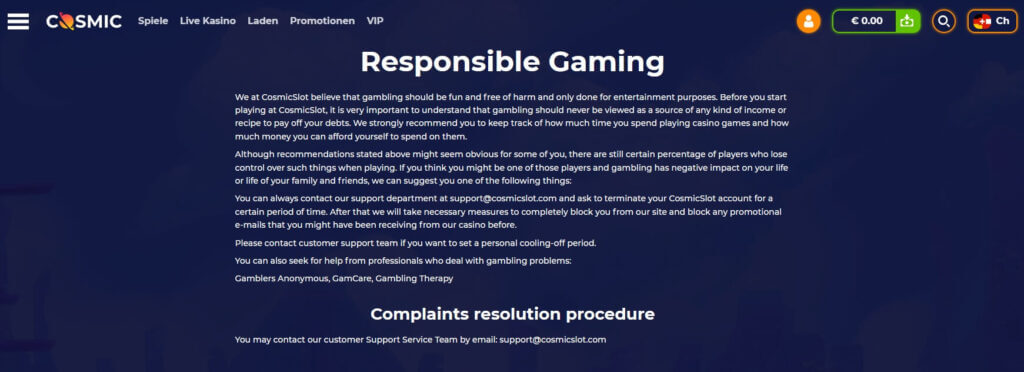 Im CosmicSlot Casino gibt es nur Informationen zum verantwortungsvollen Spielen