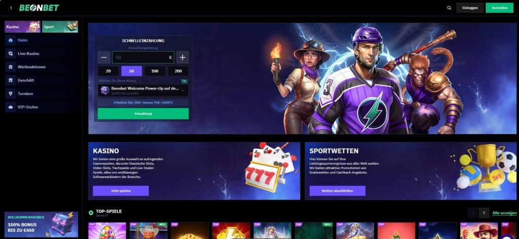 Die BeOnBet Webseite hat ein modernes Layout