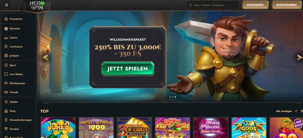 Die Herospin Webseite bewirbt die Willkommensboni
