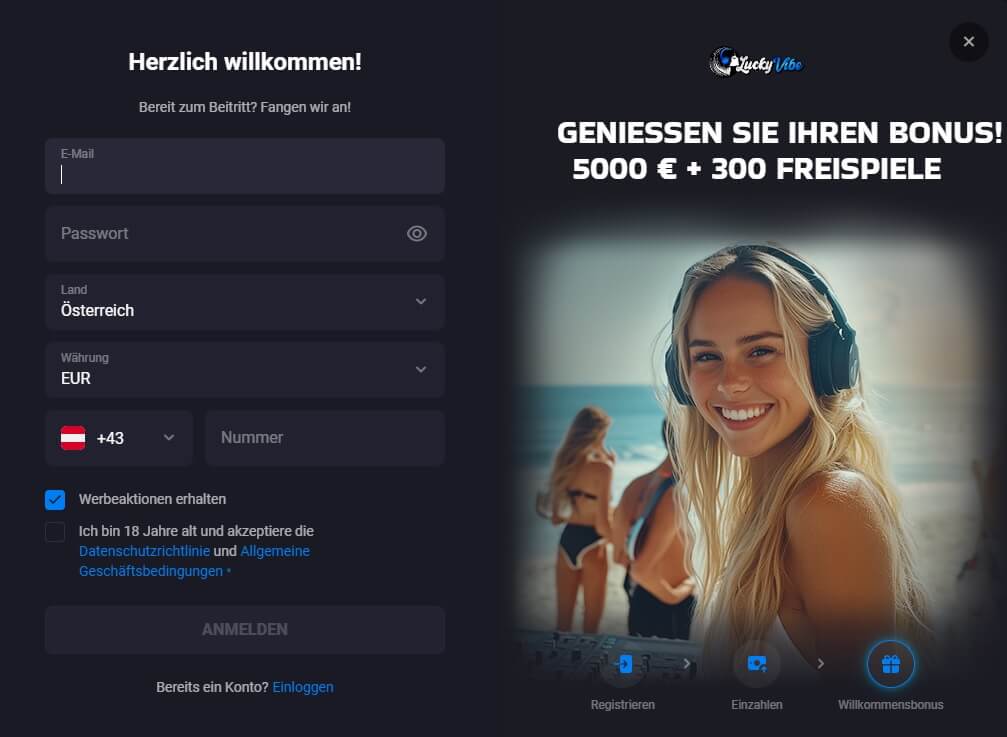 Kurz und schmerzfrei ist die LuckyVibe Registrierung