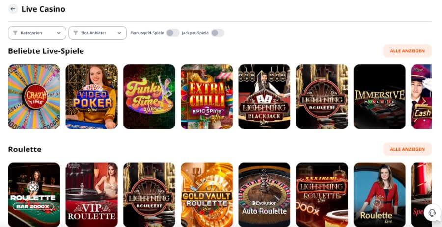 Die Live-Casino-Lobby von Monro Casino