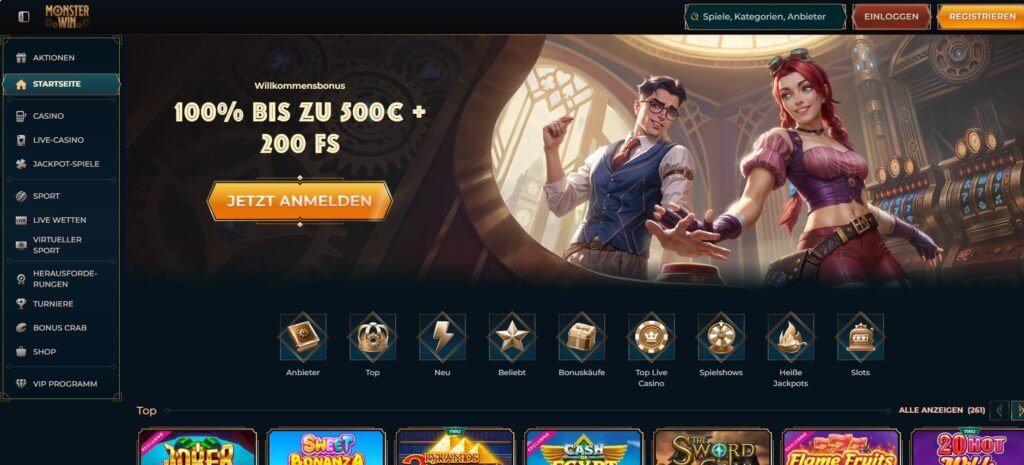 Die Monsterwin Startseite bewirbt das Willkommenspaket