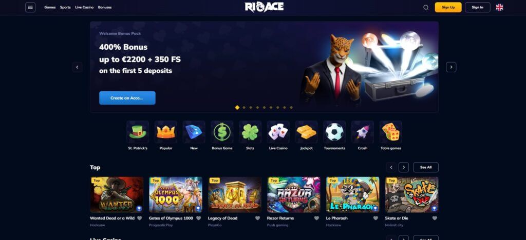 Die Rioace Webseite bewirbt den Willkommensbonus