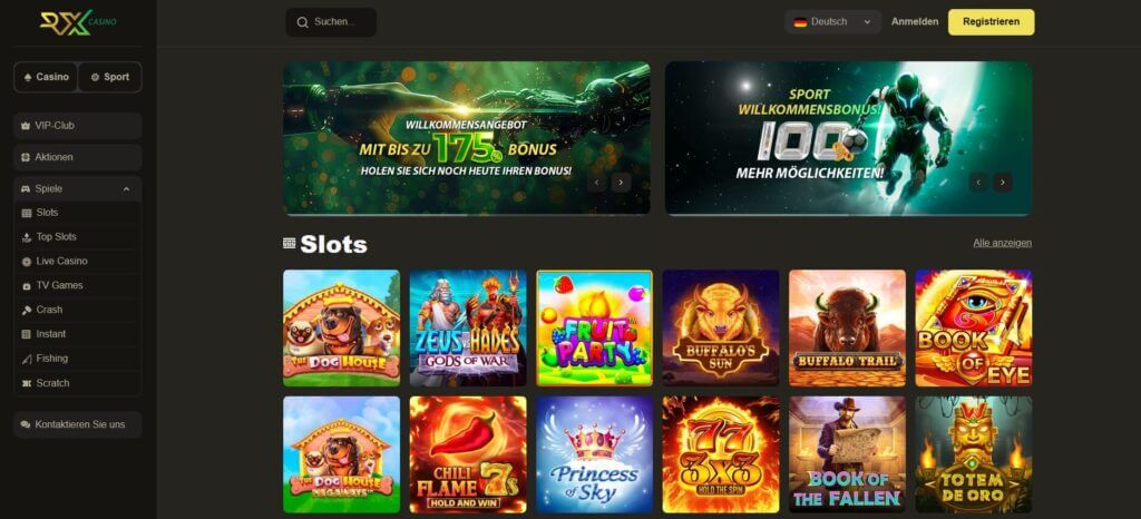 Die RX.Casino Webseite bewirbt das Willkommenspaket