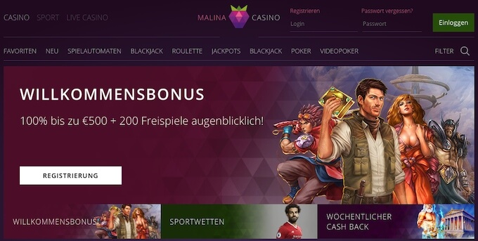 Malina Casino Screenshot Malina Casino Frontpage