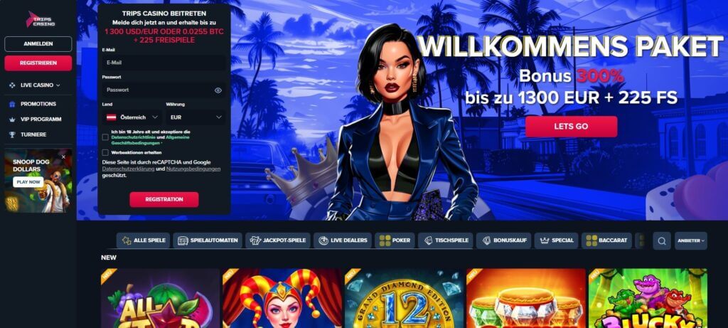 Die Trips Casino Webseite bewirbt das Willkommenspaket