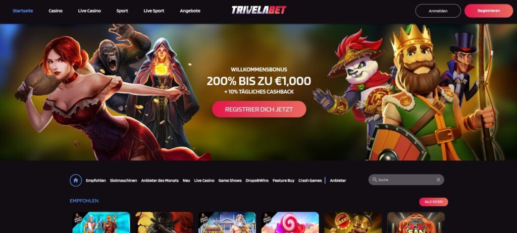 Das Trivela Casino bietet Neukunden einen 200 % Bonus bis 1000 €