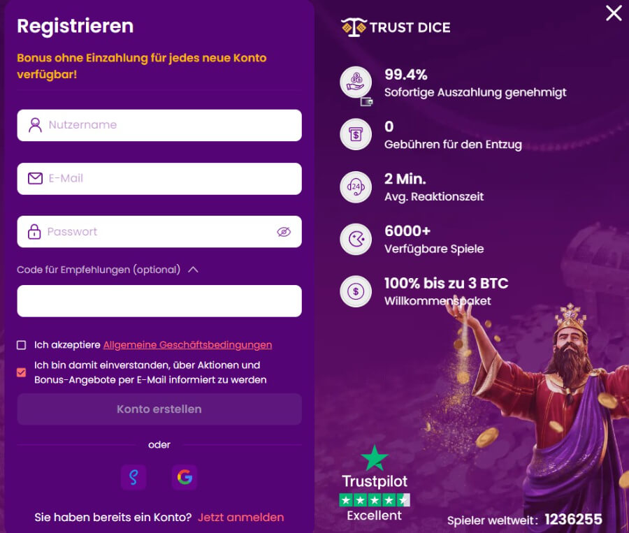 Anmeldung bei TrustDice Anmeldung bei TrustDice