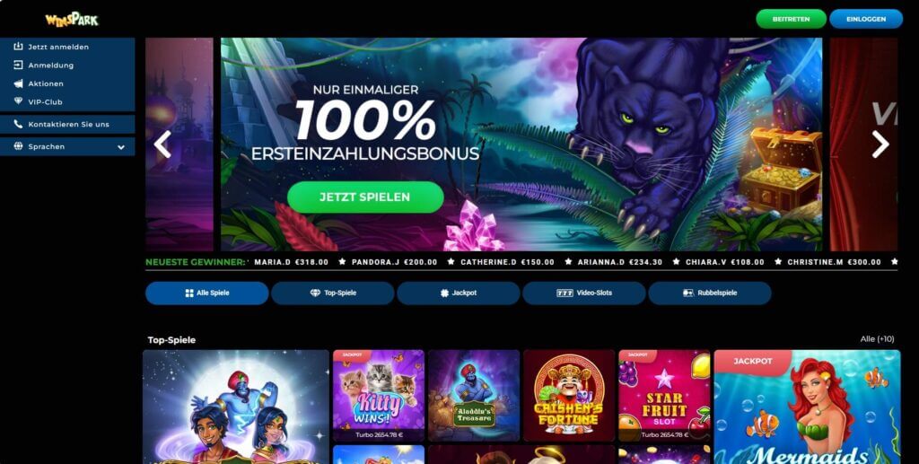 Das Winspark Casino bewirbt den 100% Willkommensbonus auf der Startseite