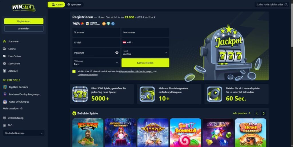 Das Winzter Casino bietet Neukunden ein Willkommenspaket mit bis zu 3.000 €
